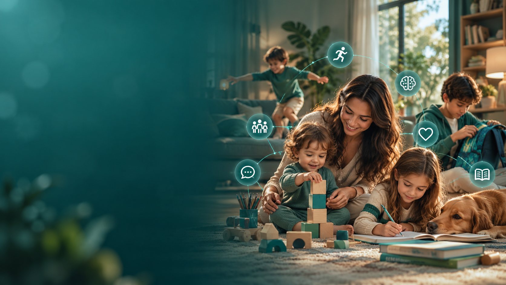 Família com crianças participando de brincadeiras e atividades ligadas às seis áreas do desenvolvimento